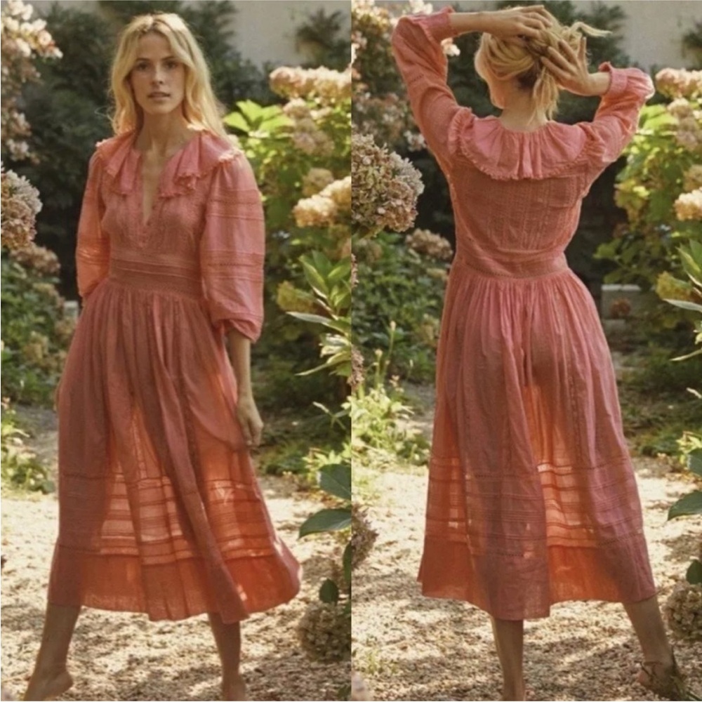 Doen Marla 100% Organic Cotton Midi Dress Apple Blossom Lacy Collared Buttons
